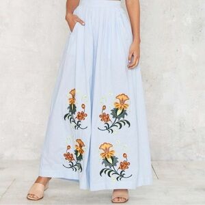 NIGHTWALKER x NASTY GAL Rare Palazzo Floral Embroidered Light Blue Pants SMALL